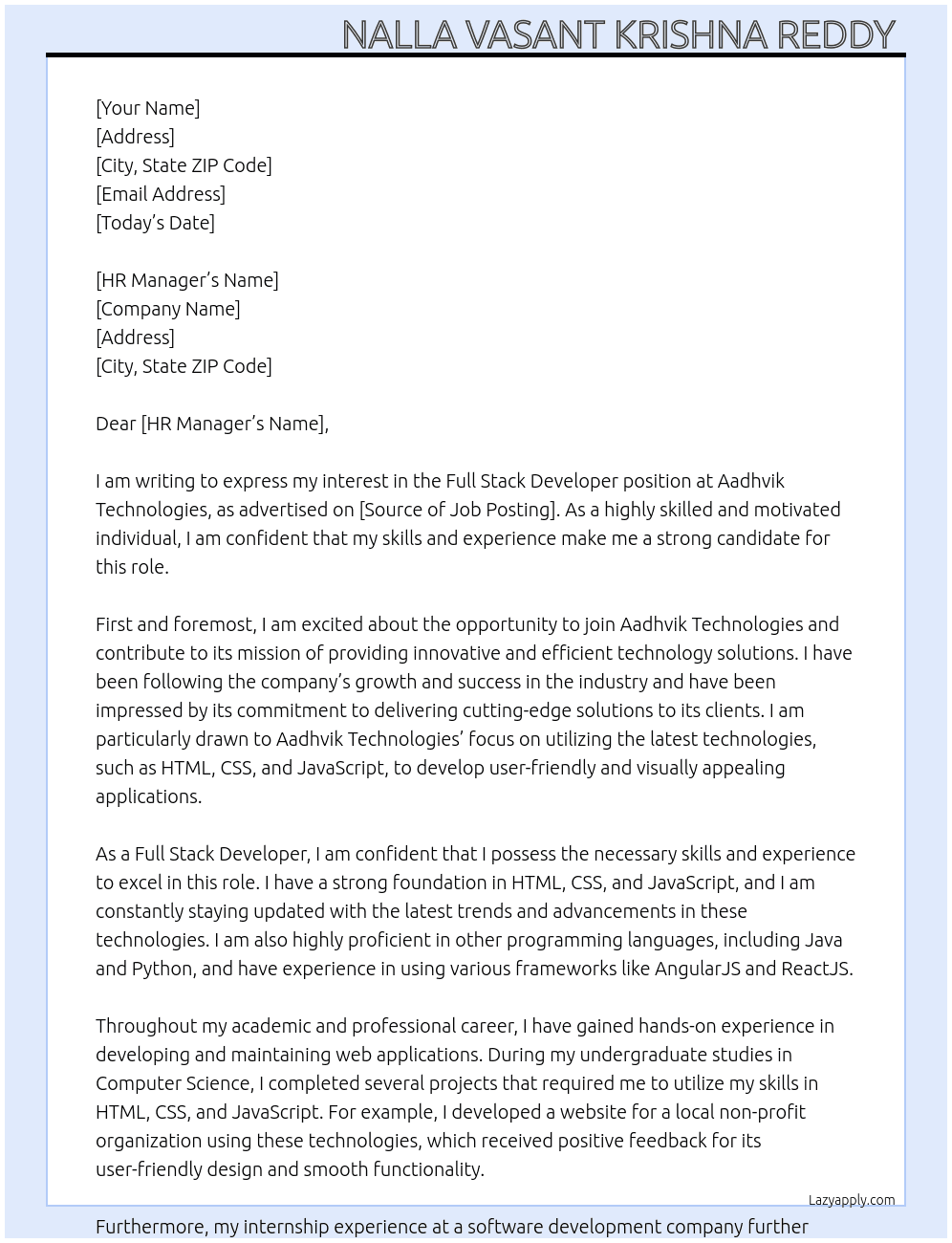 Full Stack Developer  At Aadhvik Technologies  Cover Letter