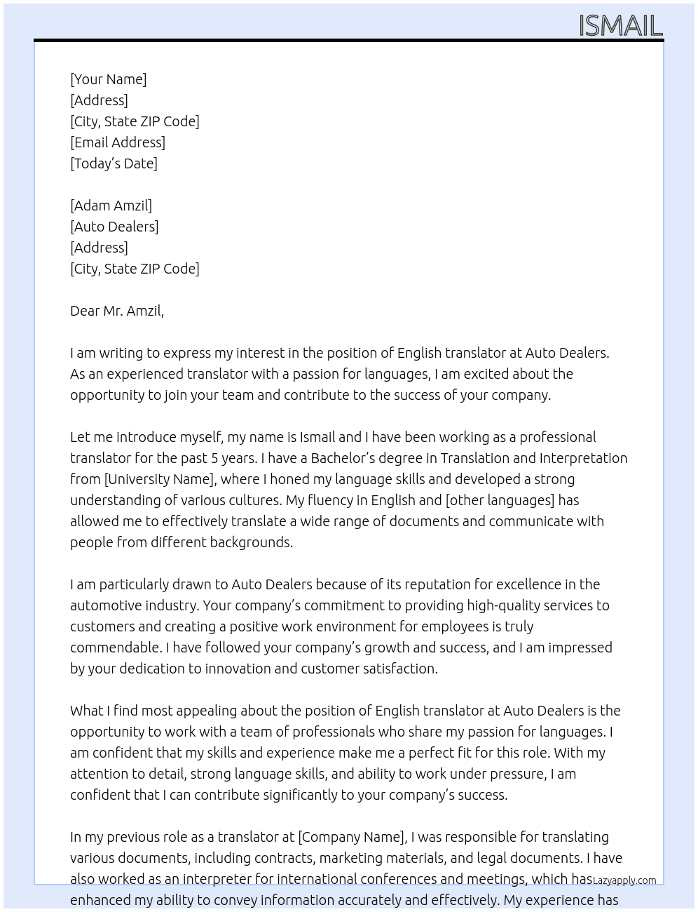 English translator At auto dealers Cover Letter