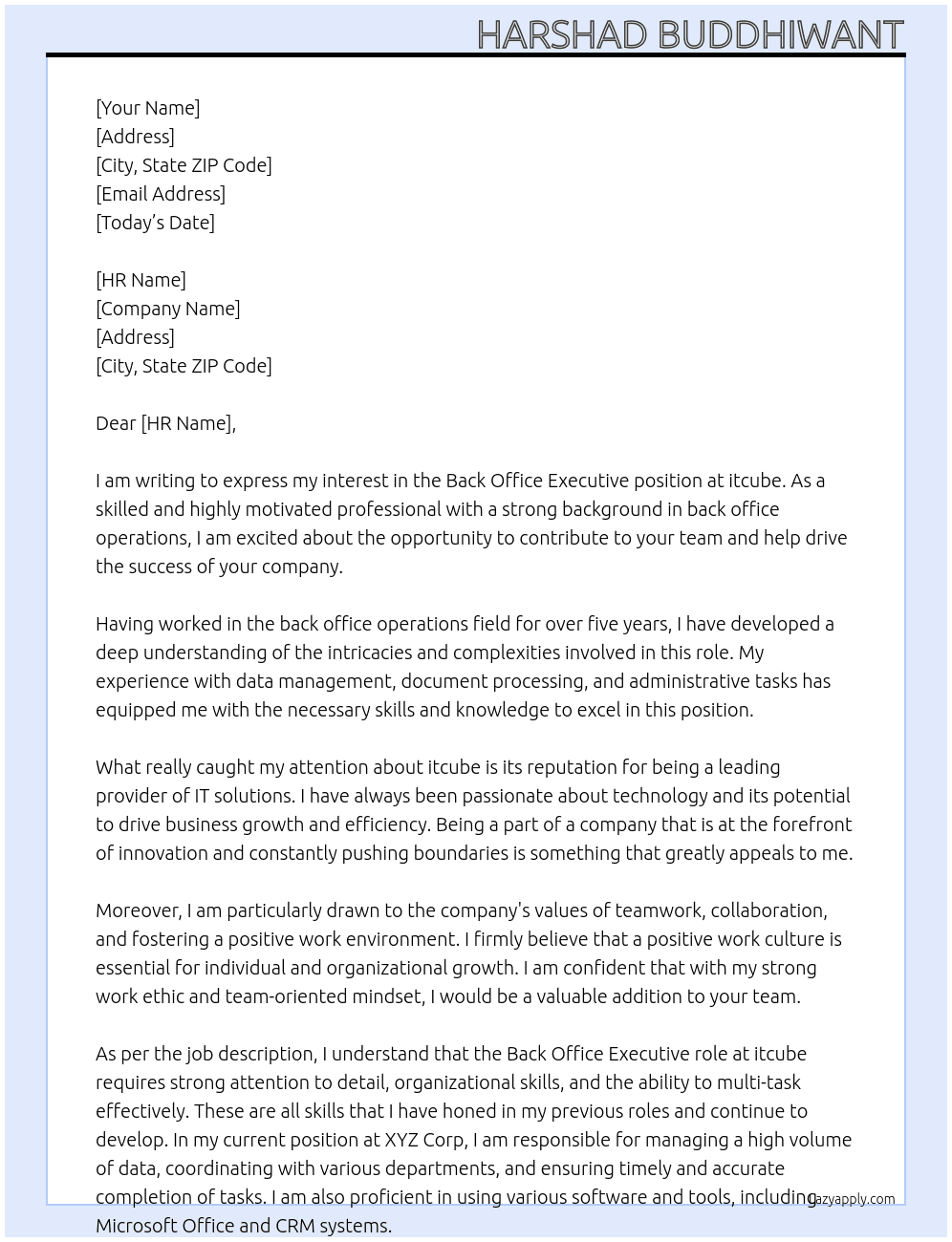 Back Office Executive  At itcube Cover Letter
