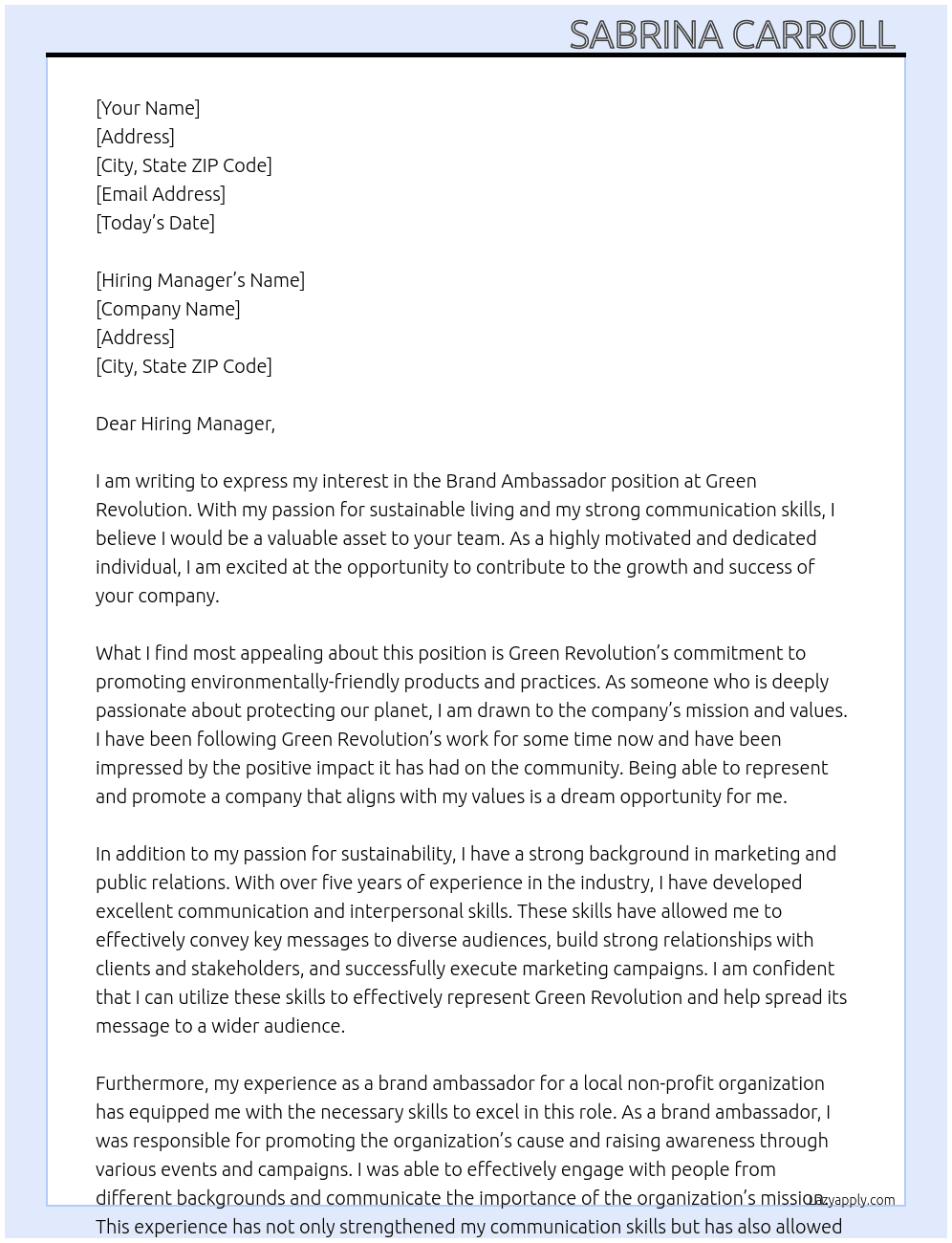 Brand ambassador  At Green revolution  Cover Letter
