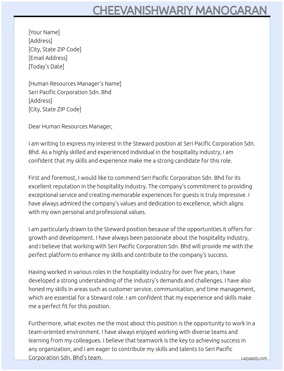 STEWARD  At SERI PACIFIC CORPORATION SDN.BHD  Cover Letter