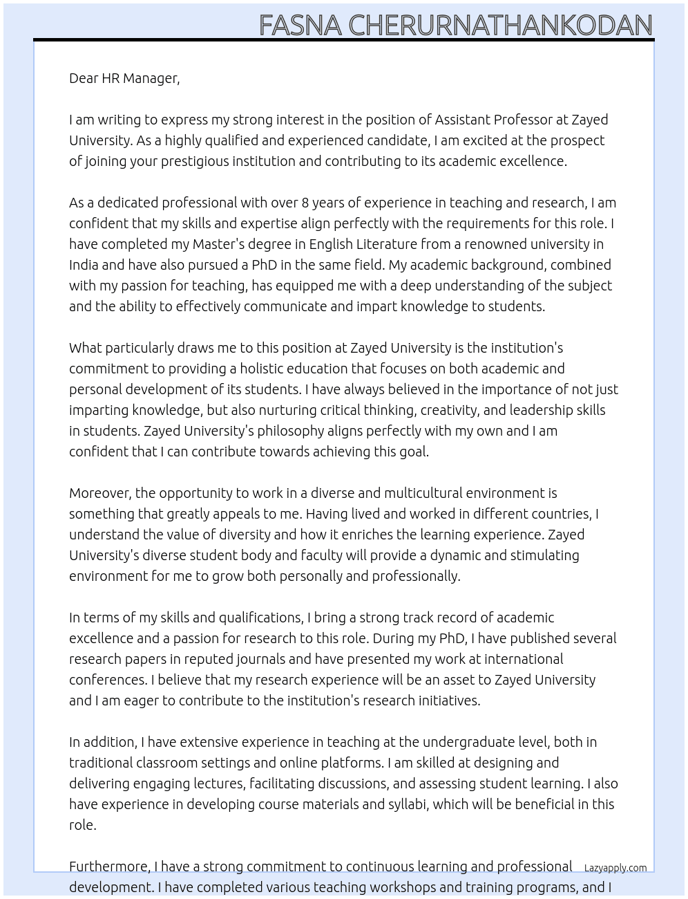 Assistant Professor At Zayed University Cover Letter