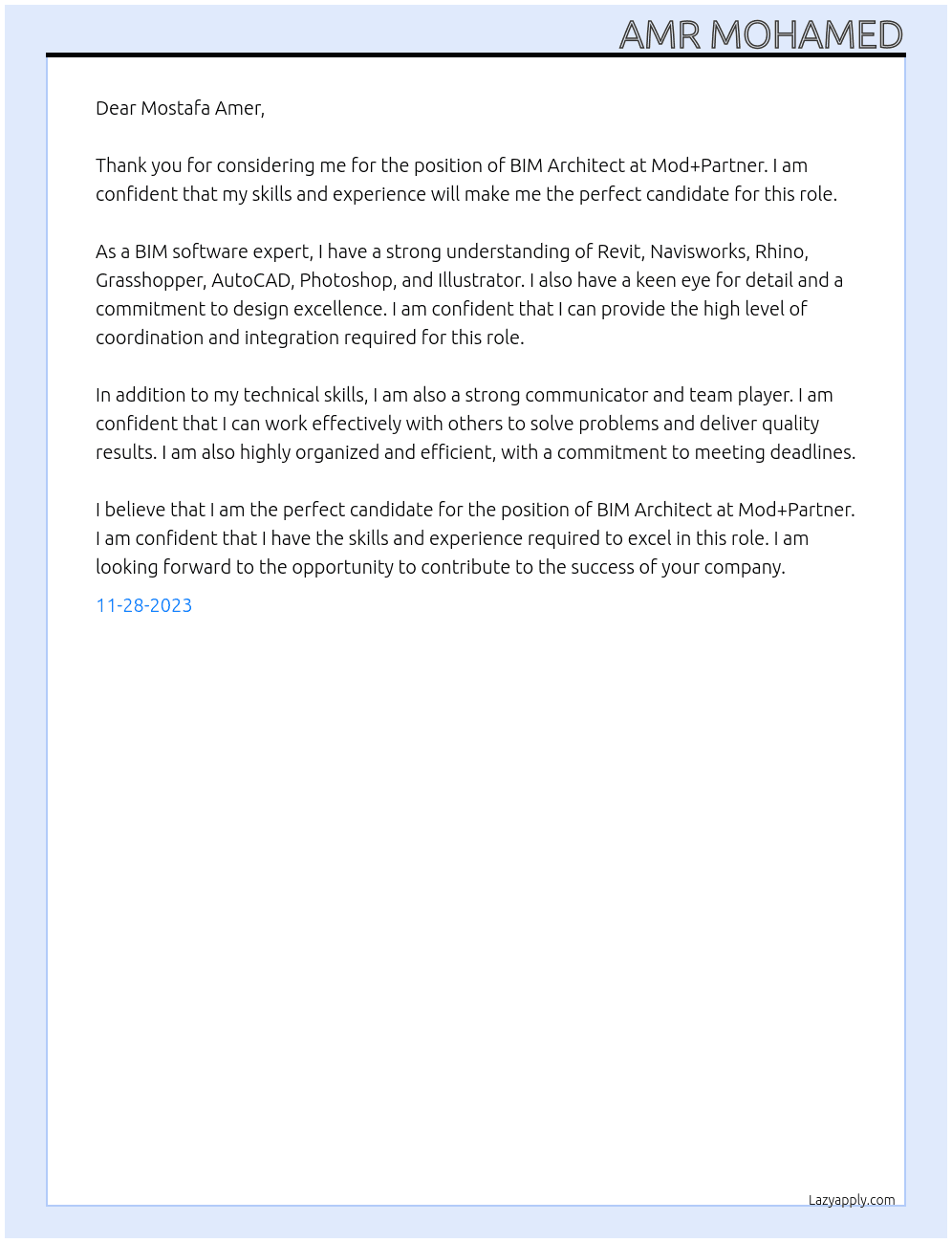 BIM Architect At Mod+Partner Cover Letter