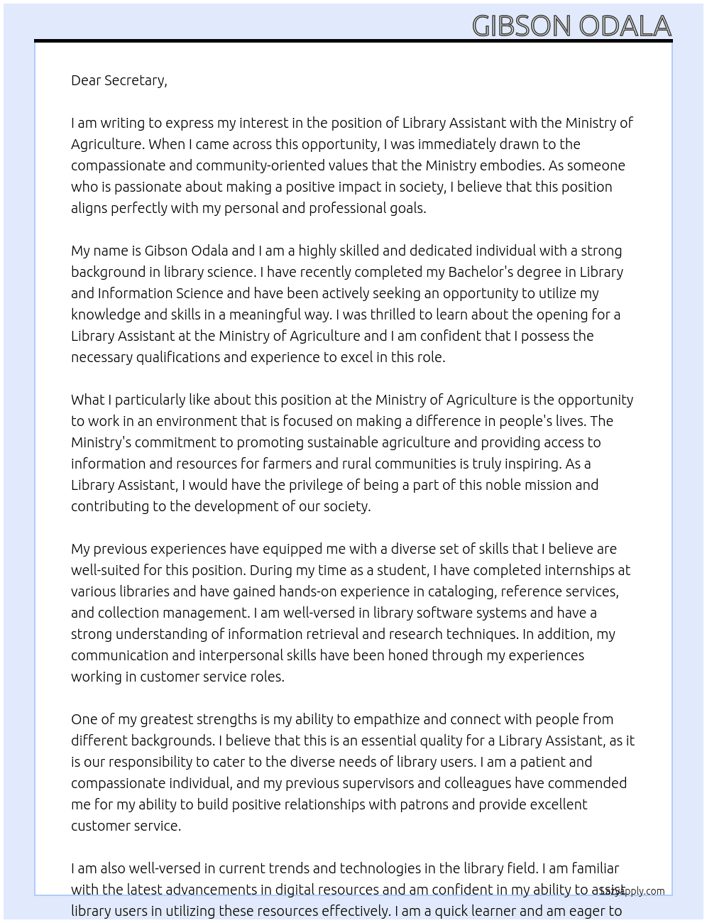 Library Assistant At Ministry of Agriculture Cover Letter