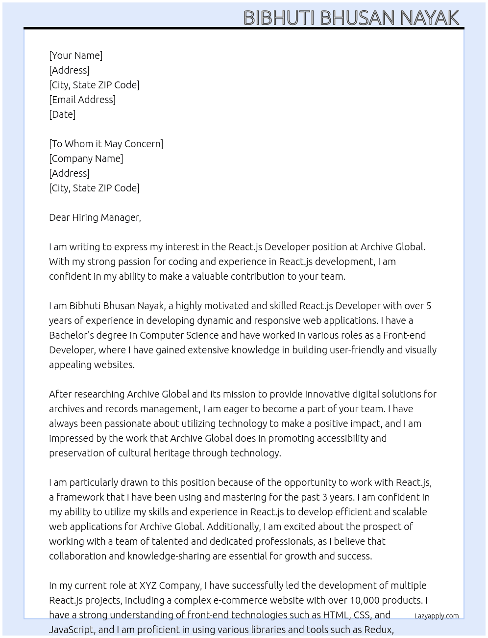 React.js Developer  At Archive Global Cover Letter