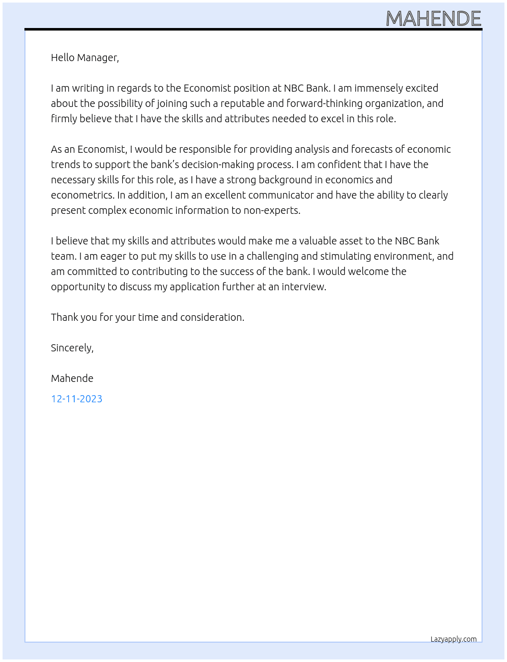 Economist At NBC BANK Cover Letter