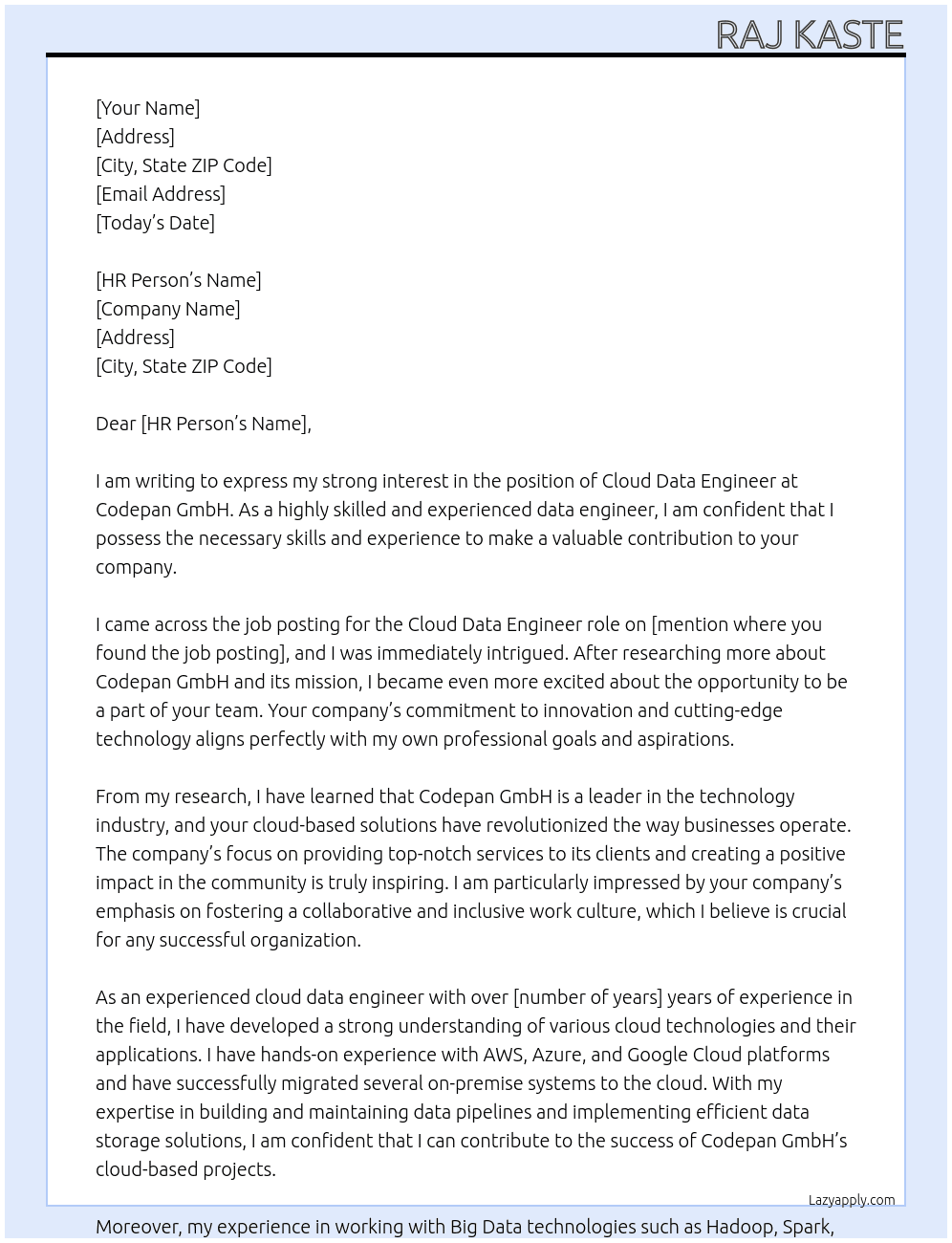 Cloud Data Engineer At Codepan GmbH Cover Letter