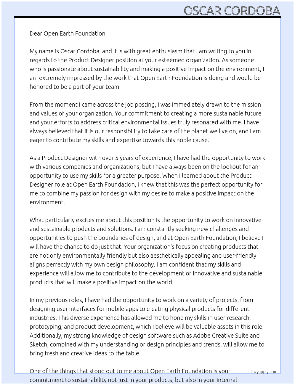 Product Designer At Open Earth Foundation Cover Letter