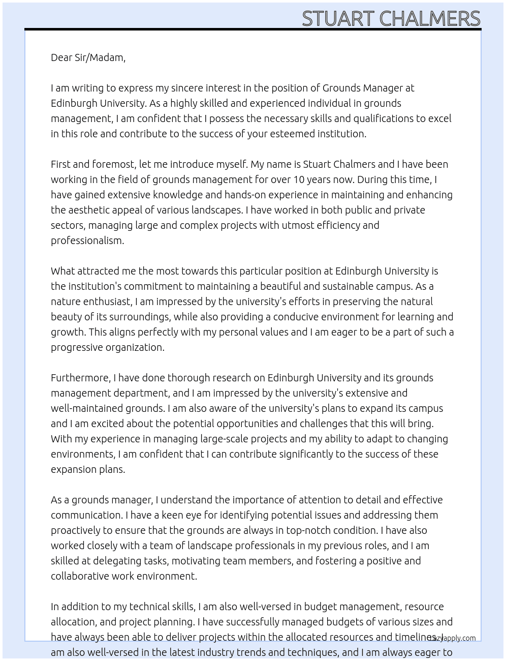 Grounds Manager At Edinburgh university Cover Letter