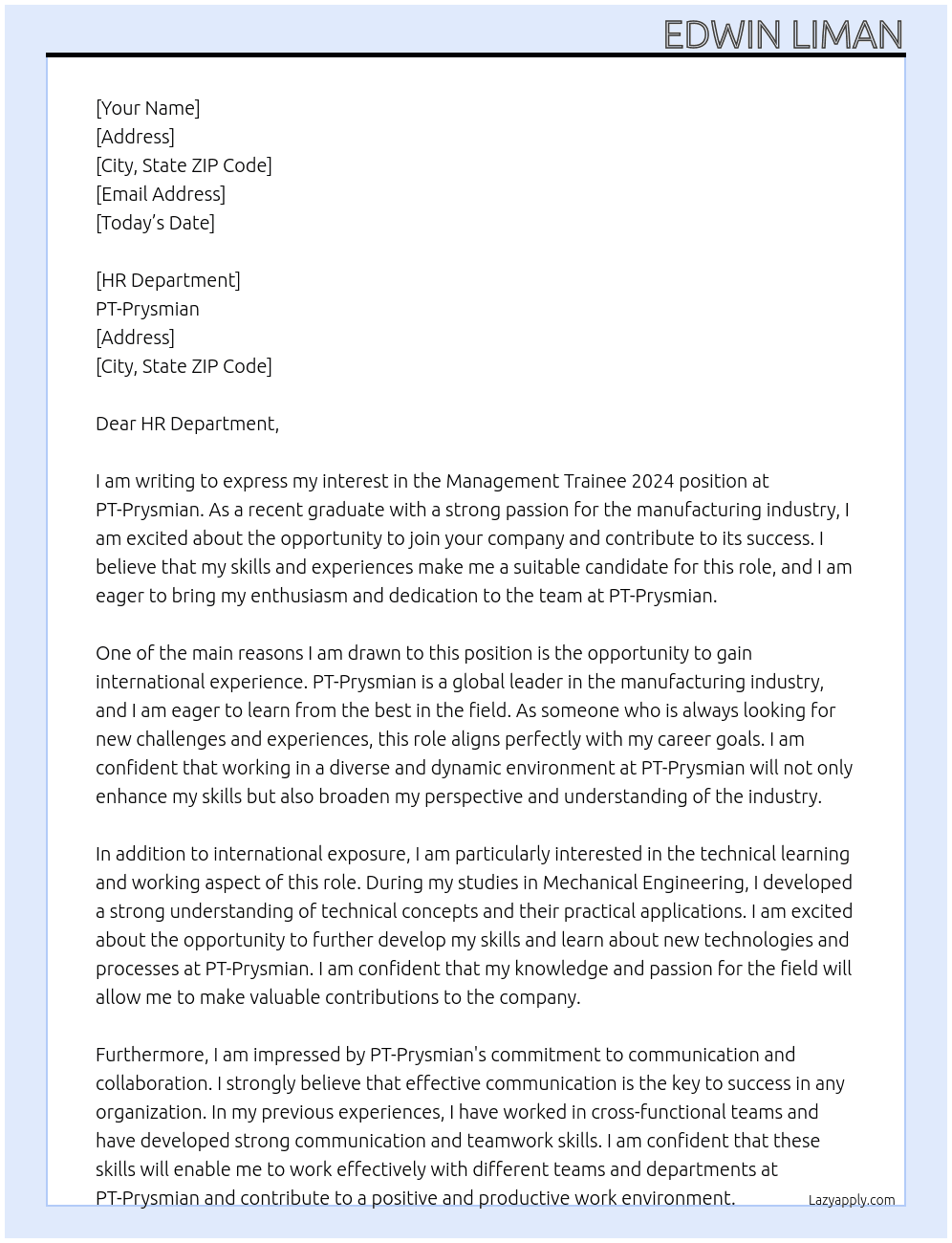 Management Trainee 2024  At pt-prysmian Cover Letter