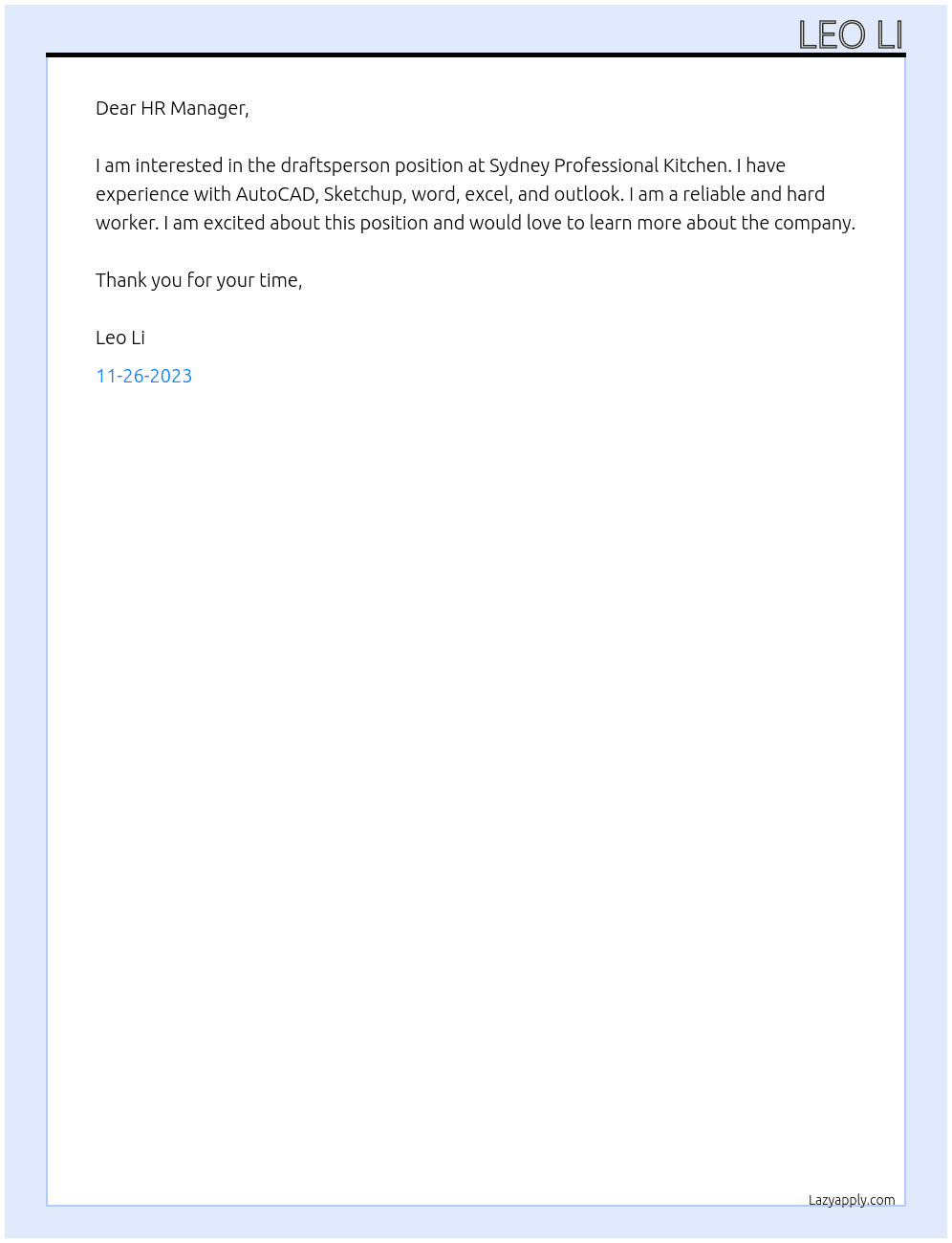 draftsperson At Sydney Professional Kitchen Cover Letter