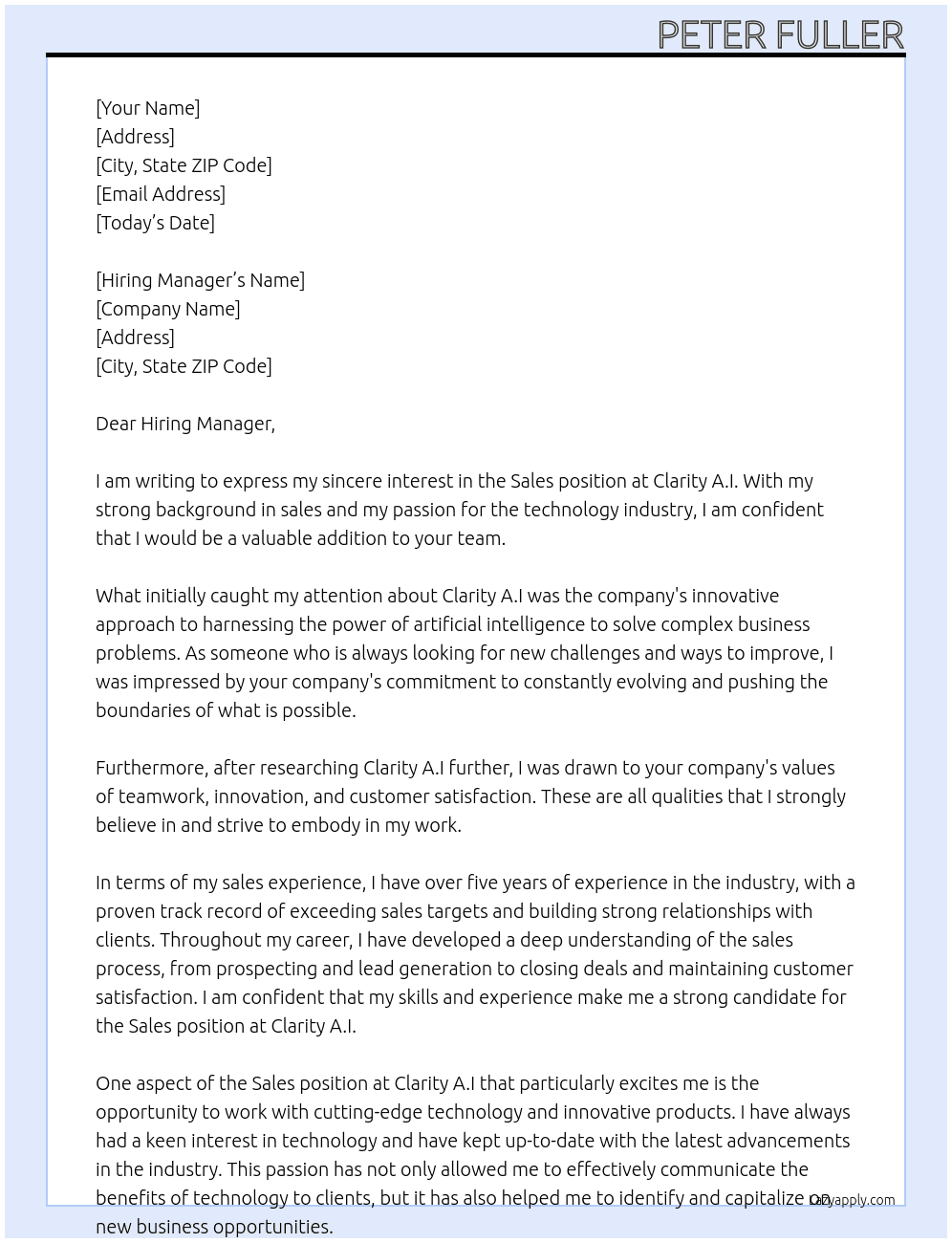 Sales At Clarity A.I Cover Letter