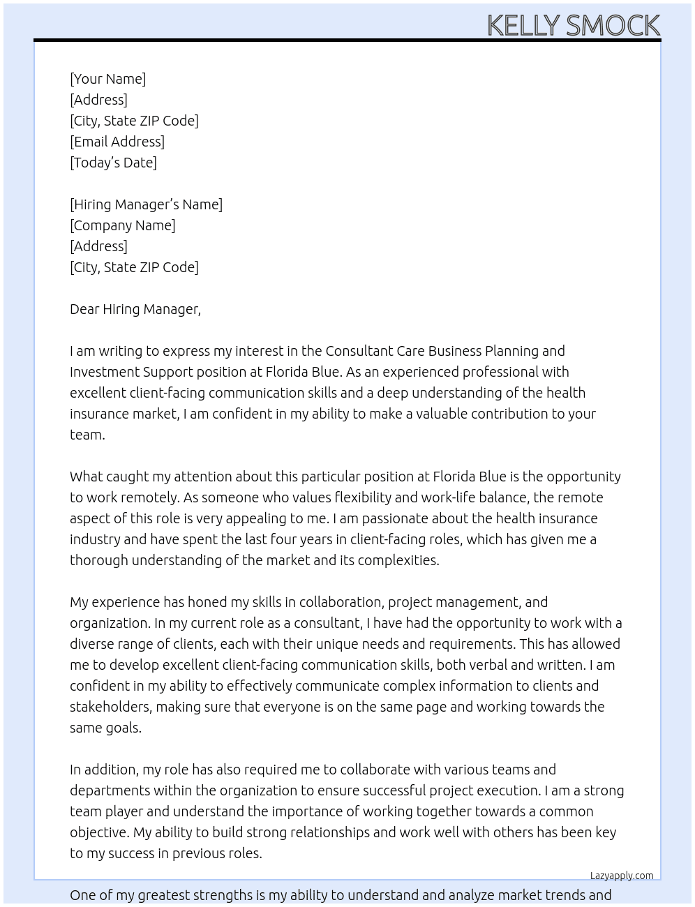 Consultant Care Business Planning and Investment Support-Remote At Florida Blue Cover Letter