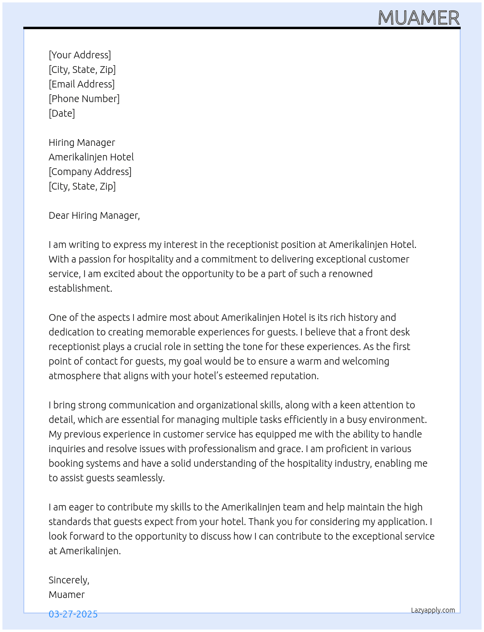 receptionist At Amerikalinjen hotel Cover Letter