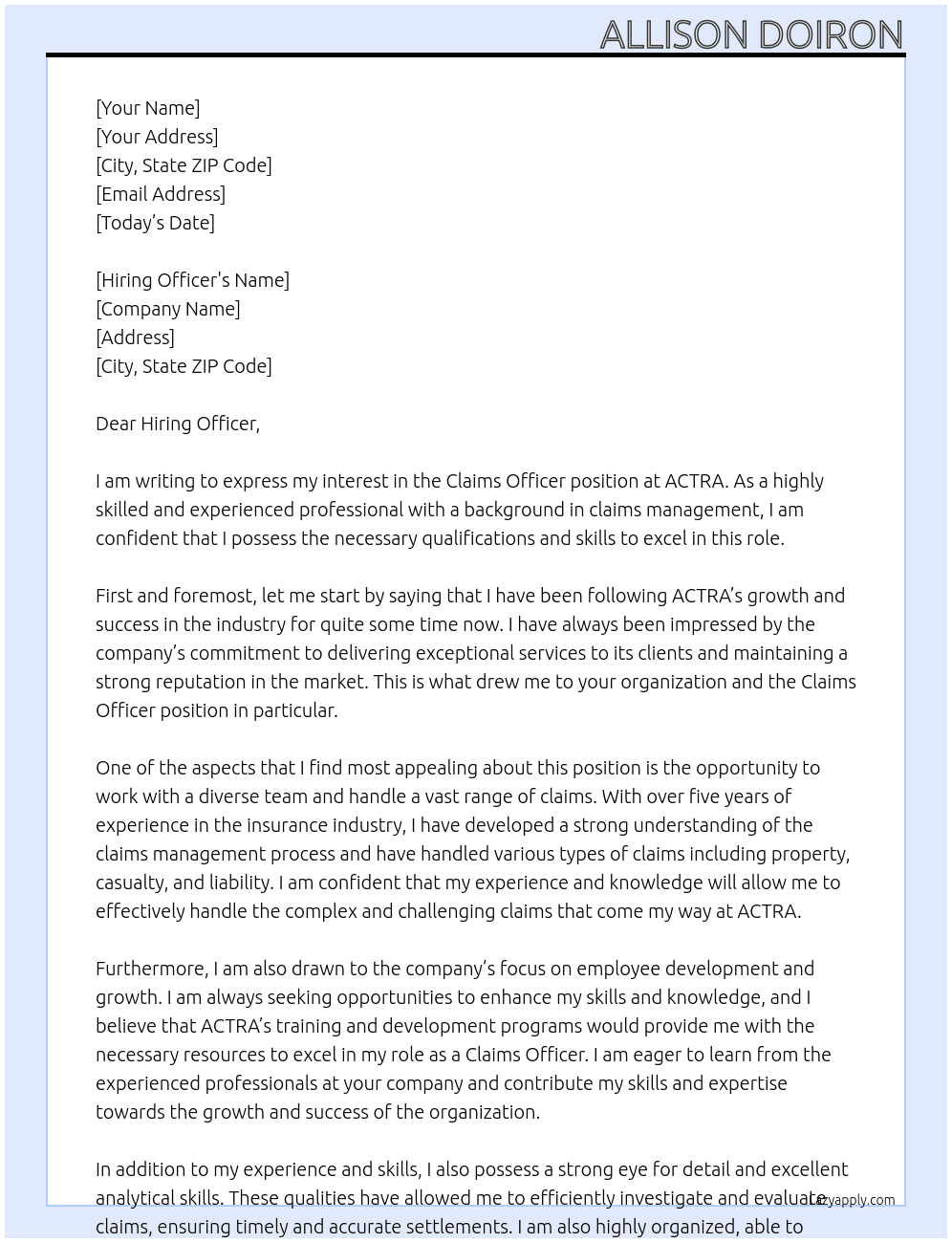 Claims Officer At ACTRA Cover Letter