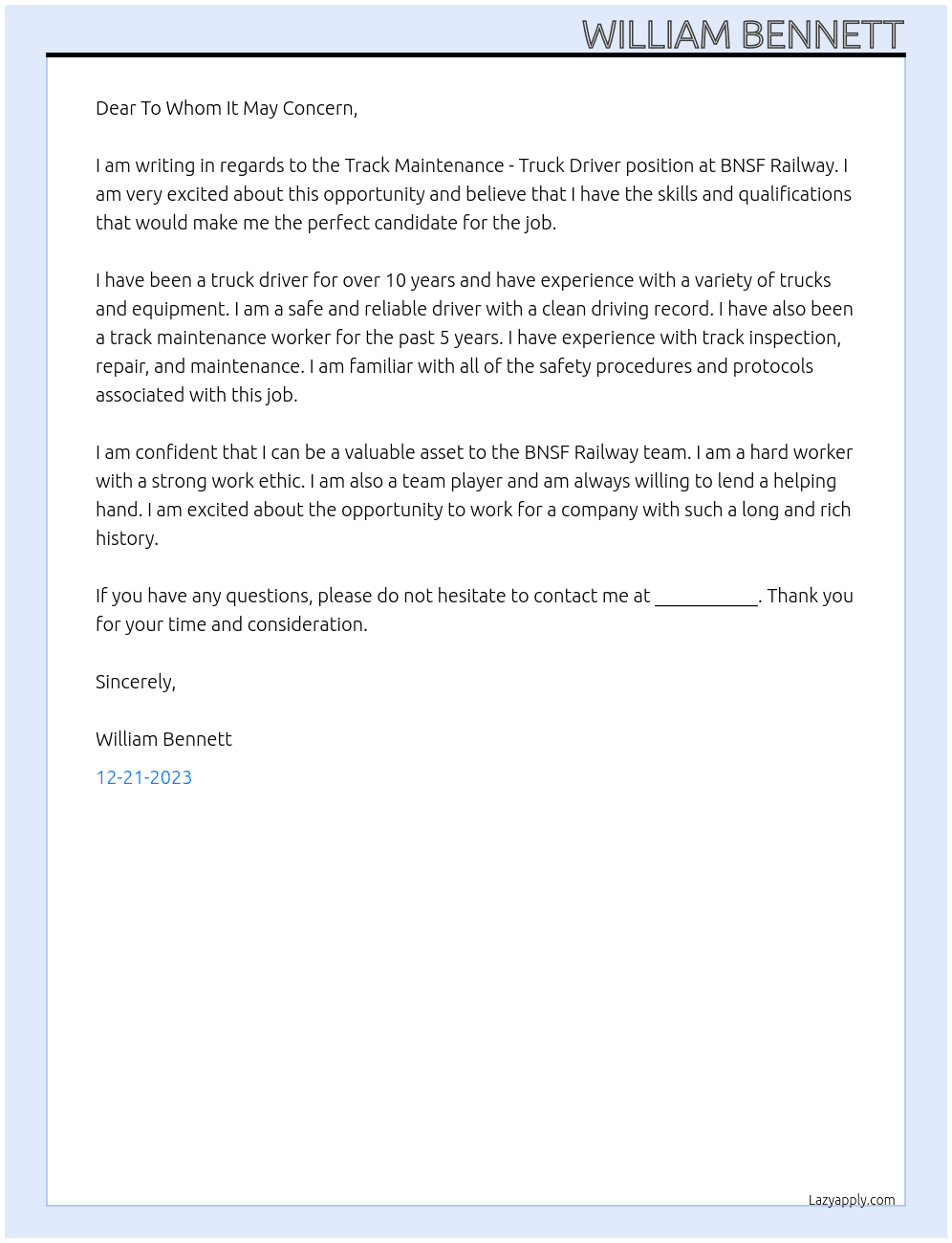 Track Maintenance - Truck Driver At BNSF Railway Cover Letter