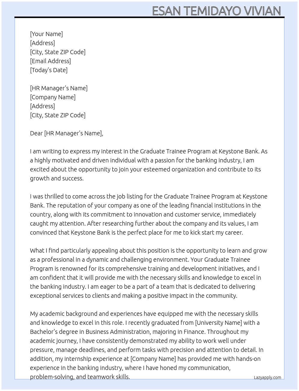Graduate trainee program  At Keystone Bank Cover Letter