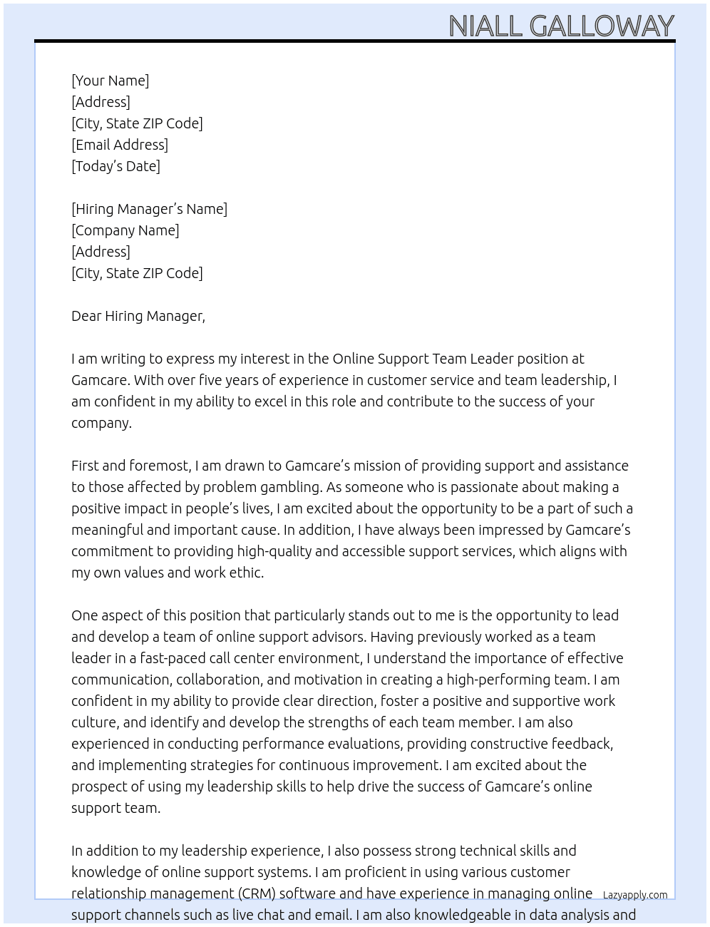 Online Support Team Leader At Gamcare Cover Letter