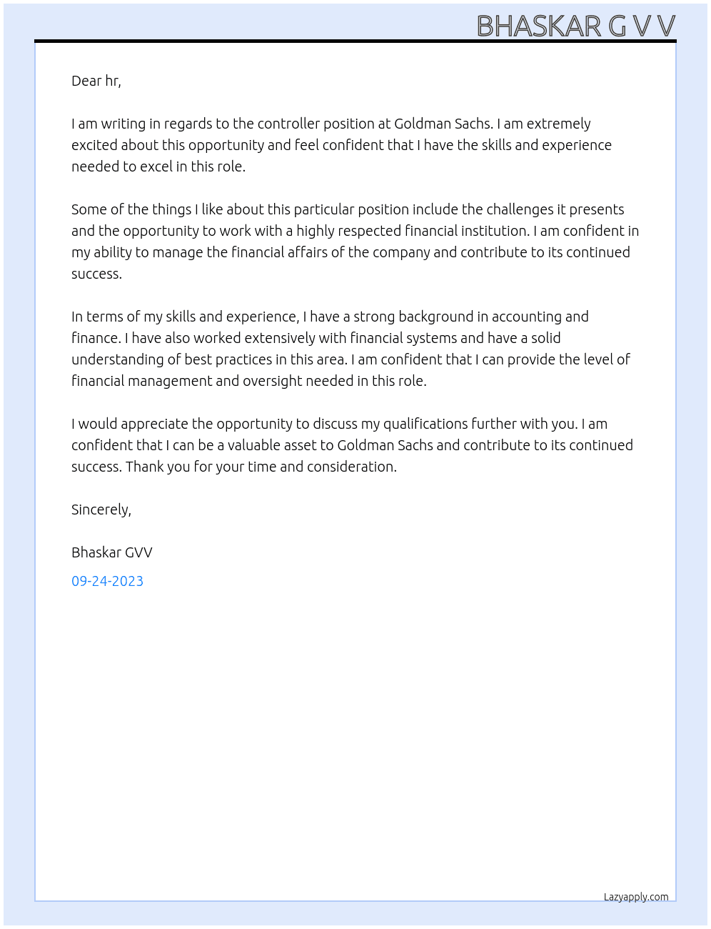 controller At goldman sachs Cover Letter