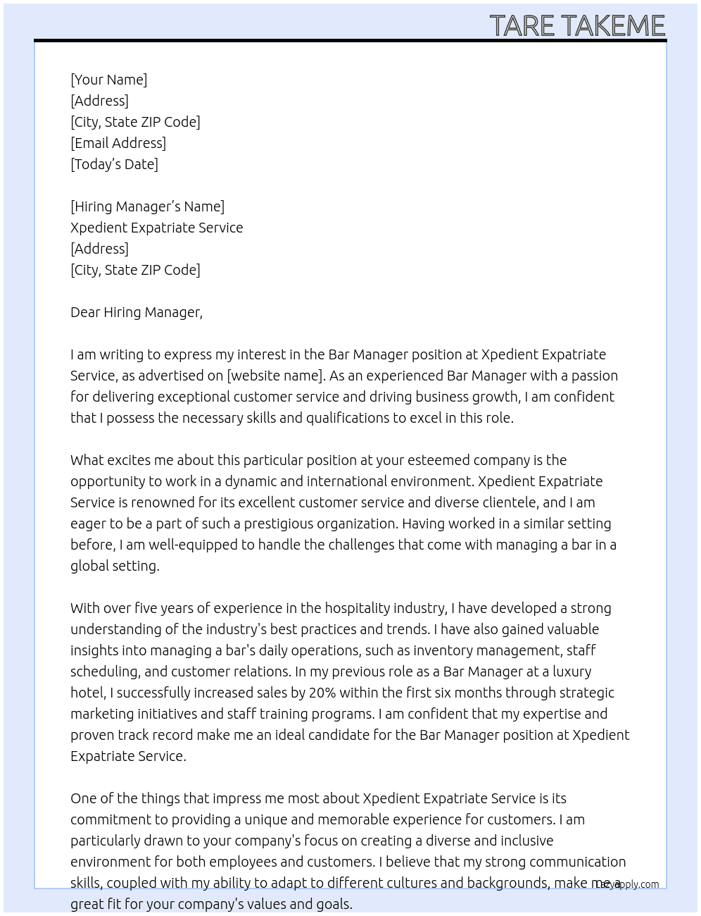 Bar Manager  At Xpedient Expatriate Service  Cover Letter