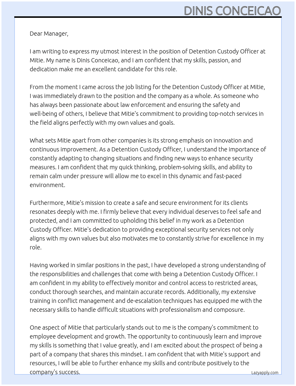 Detention Custody Officer At Mitie Cover Letter