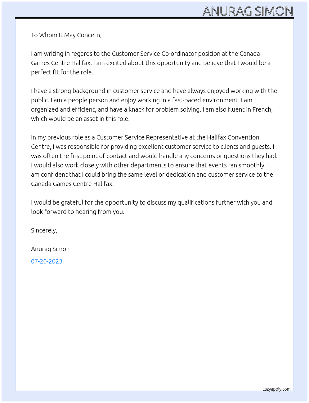 Customer Service Co-ordinator At Canada Games Centre Halifax Cover Letter