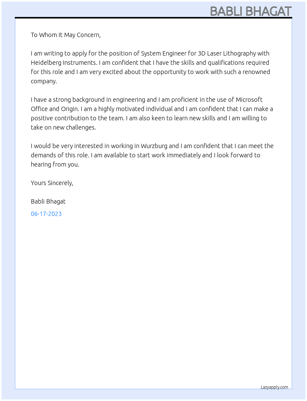 System engineer for 3D laser lithography At Heidelberg Instruments Cover Letter