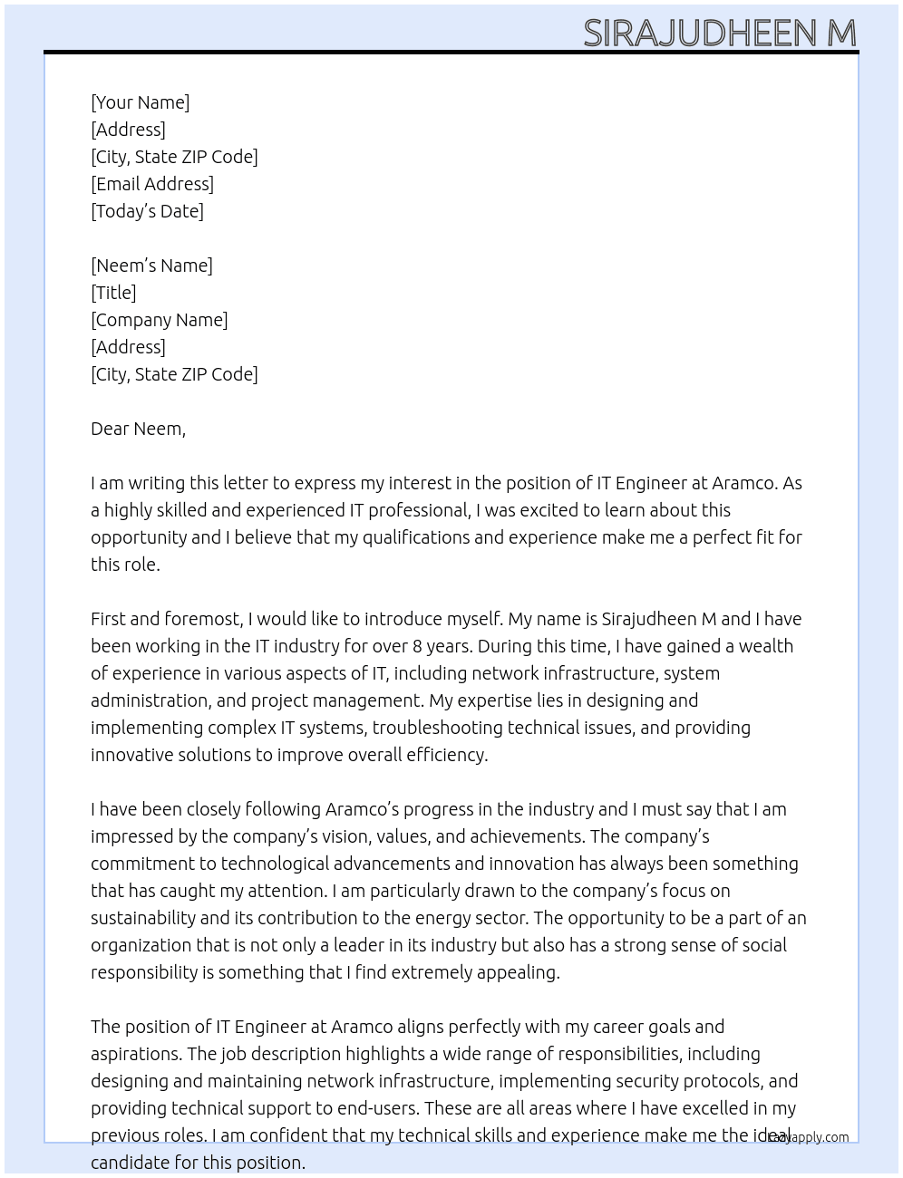 IT Engineer At Aramco Cover Letter