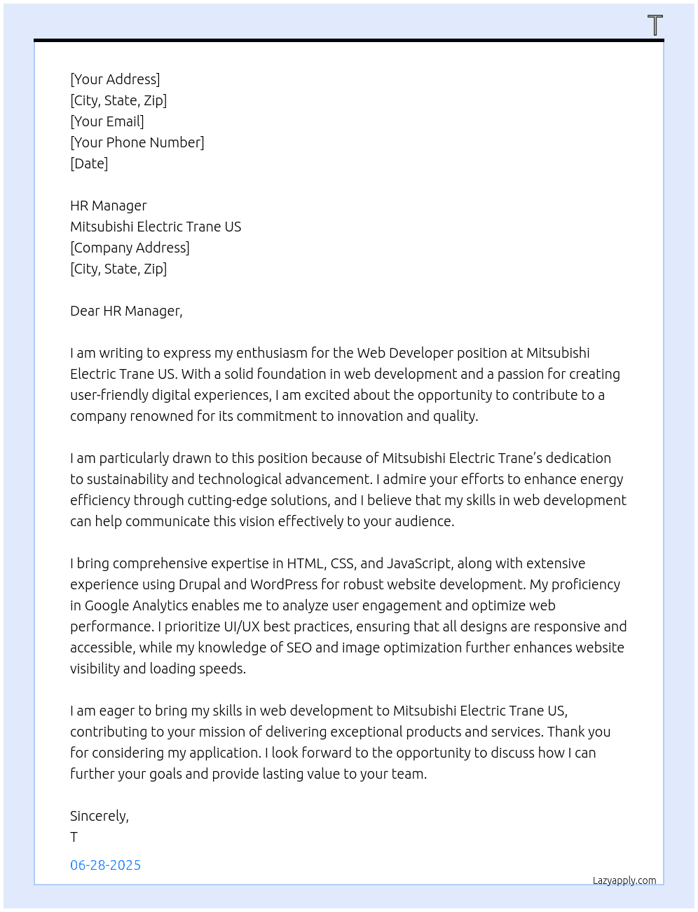 Web Developer At Mitsubishi Electric Trane US Cover Letter