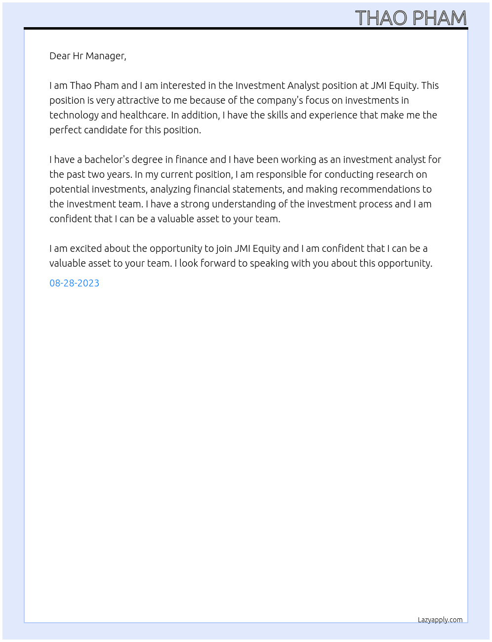 Inevstment Analyst At JMI Equity Cover Letter