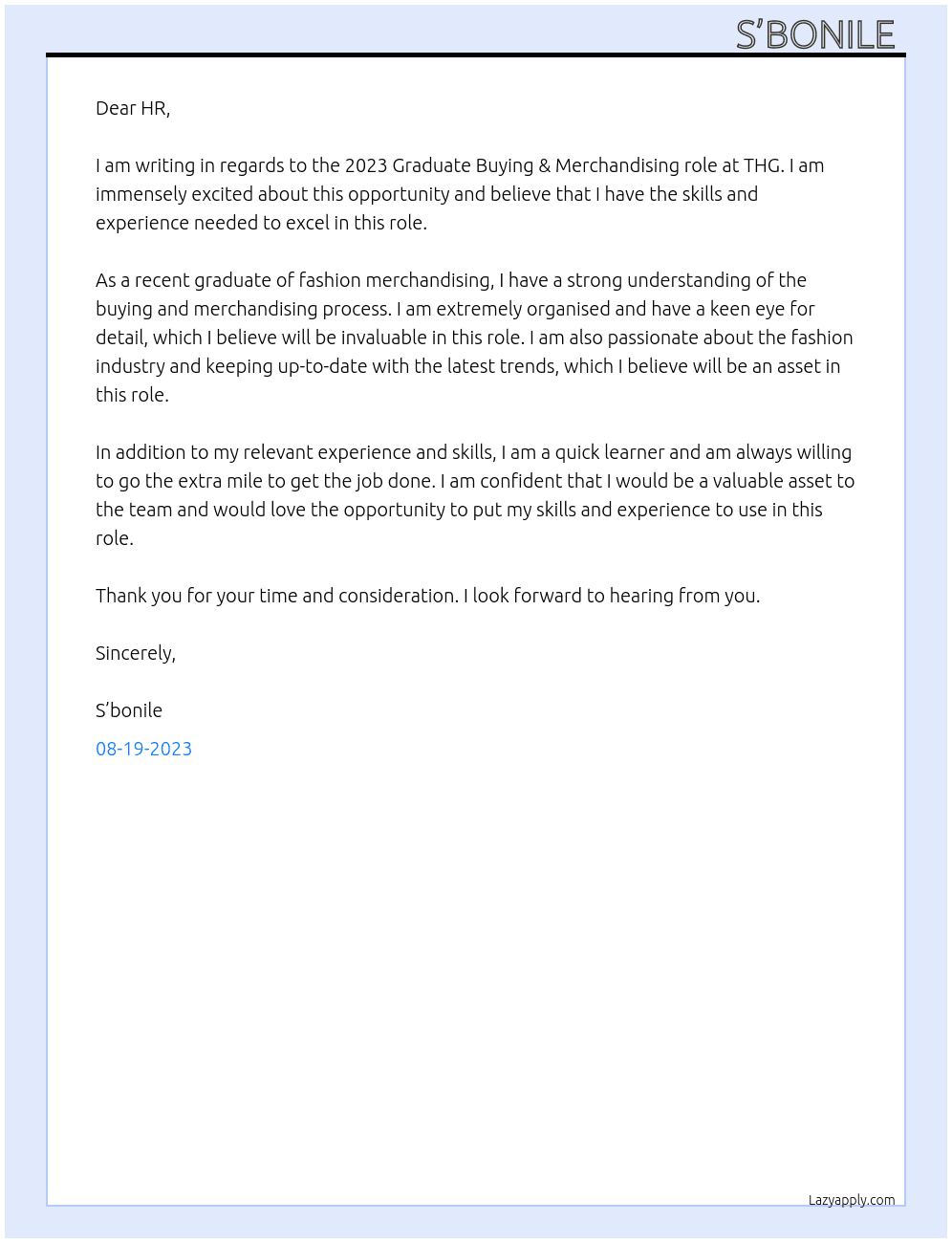 2023 Graduate Buying & Merchandising rol At THG Cover Letter