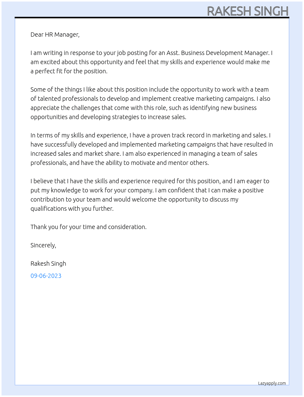 Asst. Business development Manager At Super Dry Desiccant Pvt. Ltd. Cover Letter