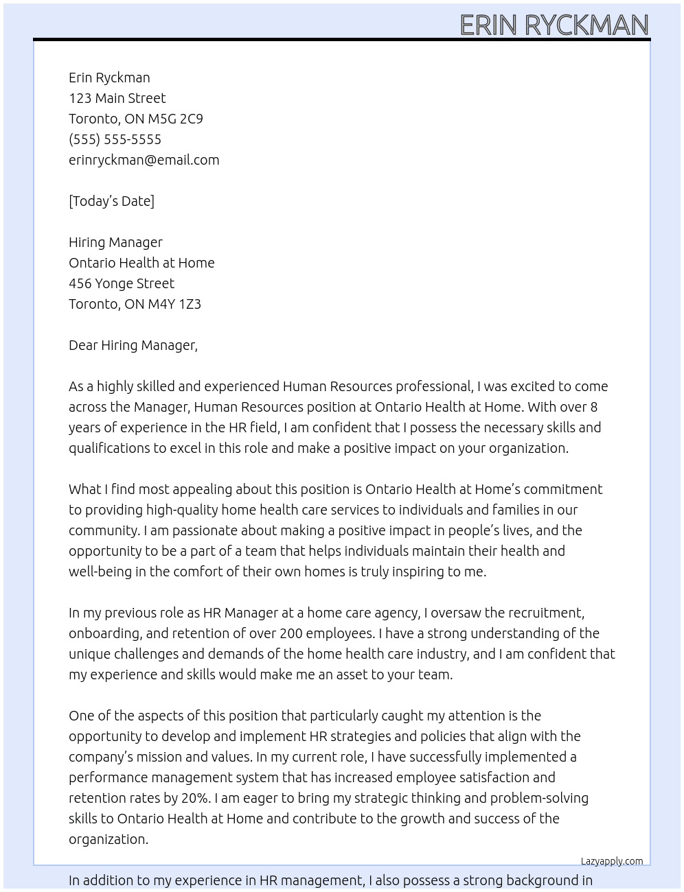 Manager, Human Resources At Ontario Health at Home Cover Letter