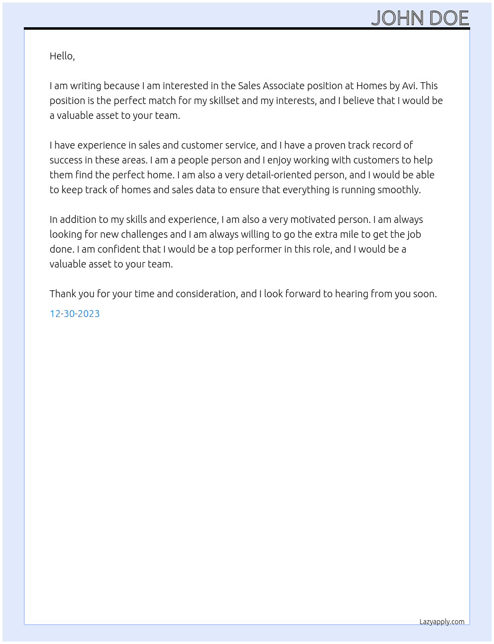 Sales associate  At Homes by avi Cover Letter