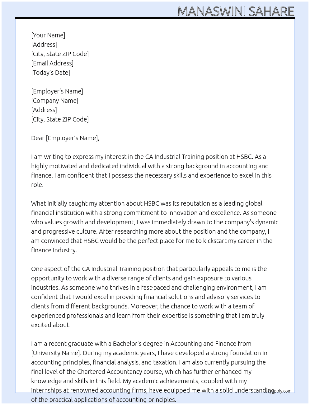 CA Industrial Training At HSBC Cover Letter