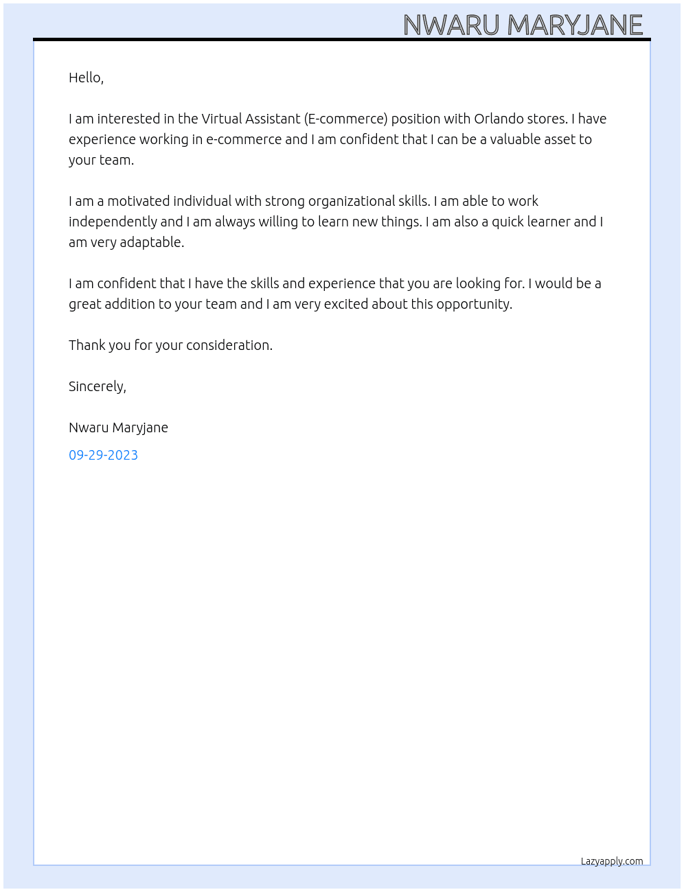 Virtual Assistance ( E-commerce) At Orlando stores Cover Letter