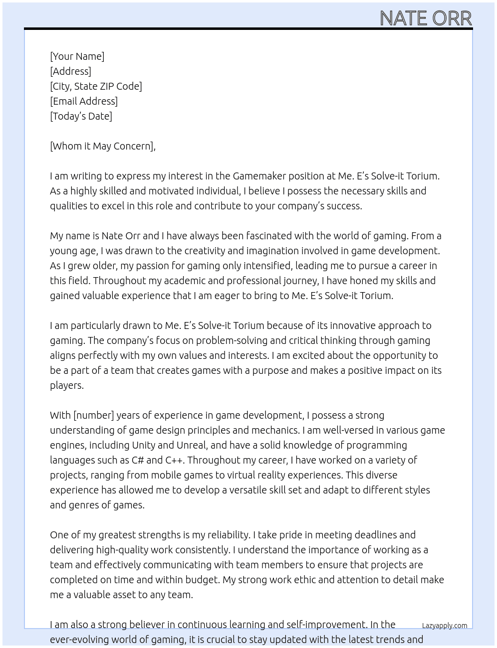 Gamemaker At Me. E’s Solve-it Torium Cover Letter