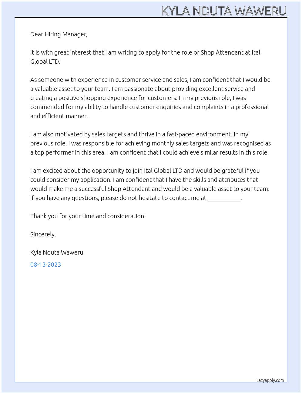 SHOP ATTENDANT At Ital Global LTD Cover Letter