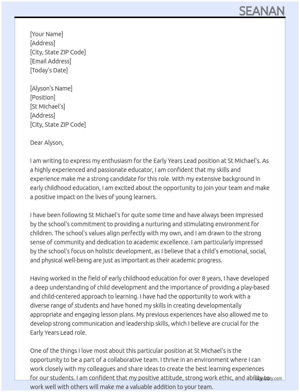Early Years Lead At St Michael's Cover Letter