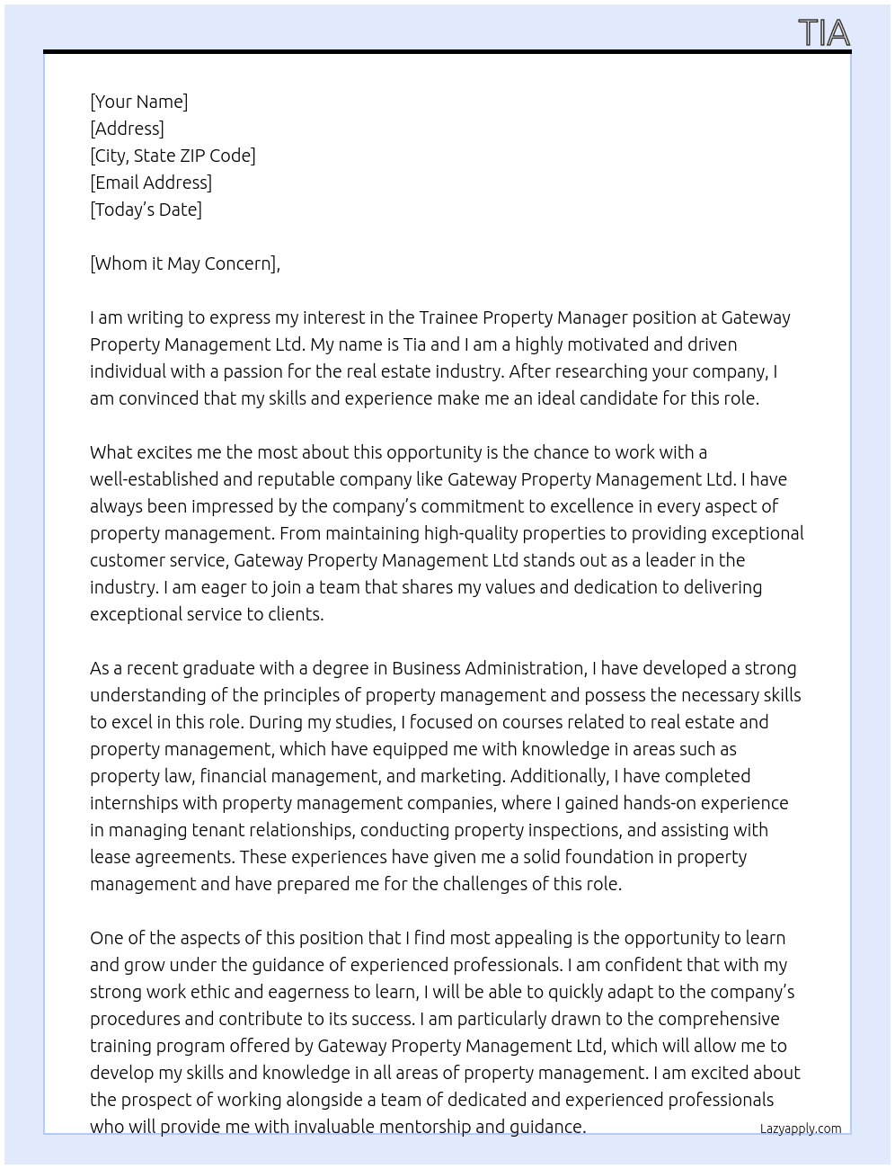 Trainee Property Manager At Gateway Property Management Ltd Cover Letter
