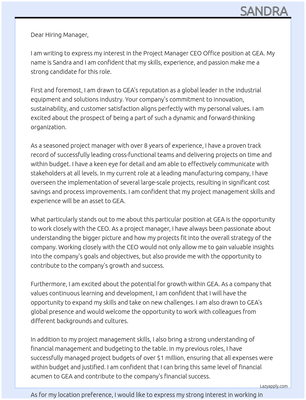 Project Manager CEO Office At GEA Cover Letter