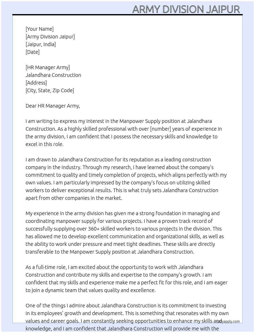 Manpower supply  At Jalandhara construction  Cover Letter