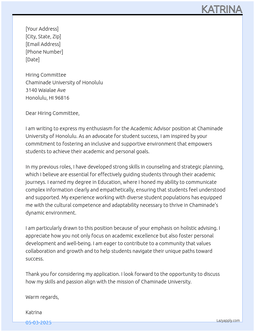 Cover letter for academic advisor - LazyApply