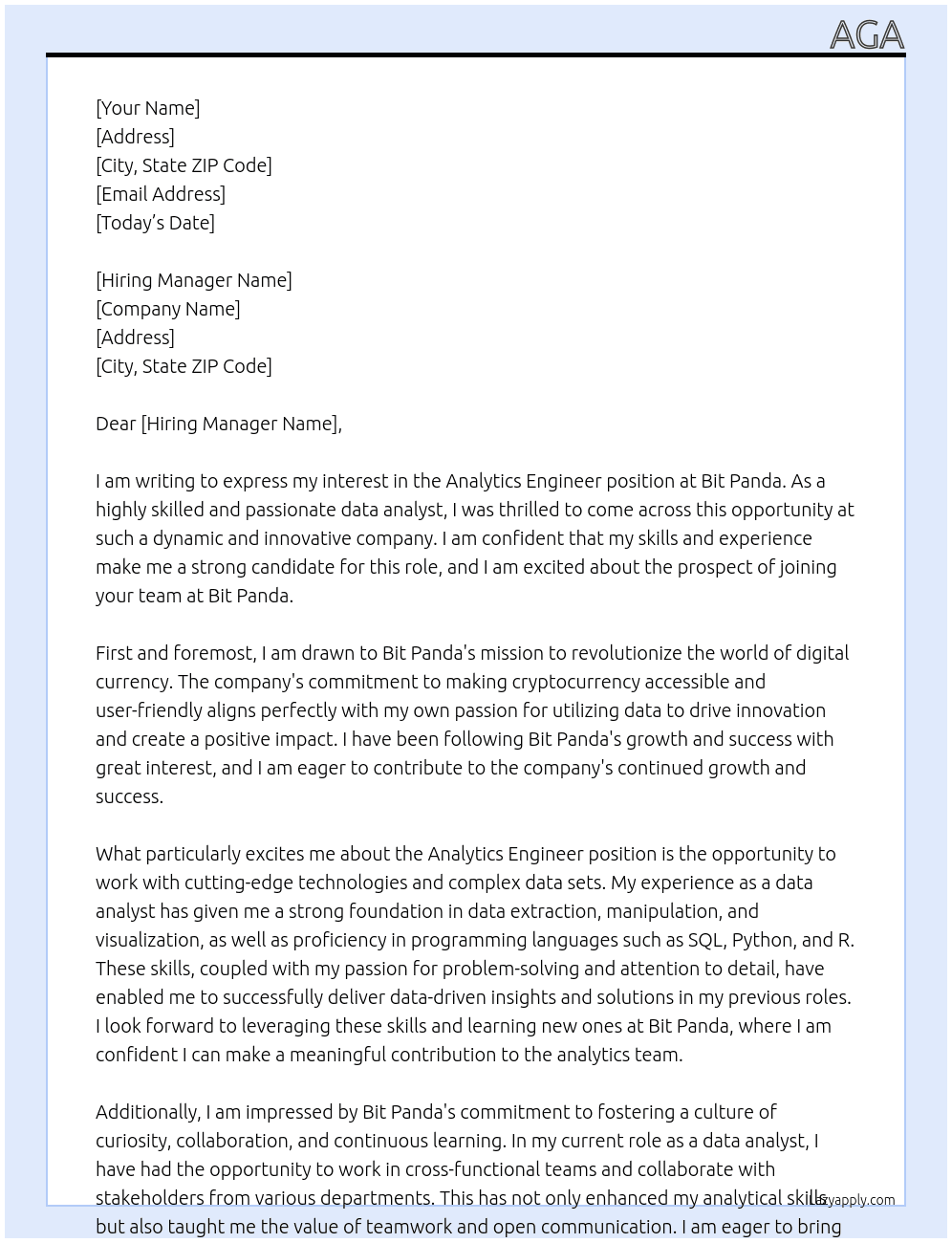 Analytics Engineer At bit panda Cover Letter