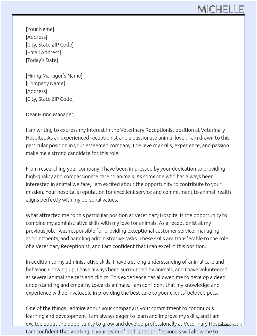 Veterinary Receptionist At Veterinary Hospital Cover Letter