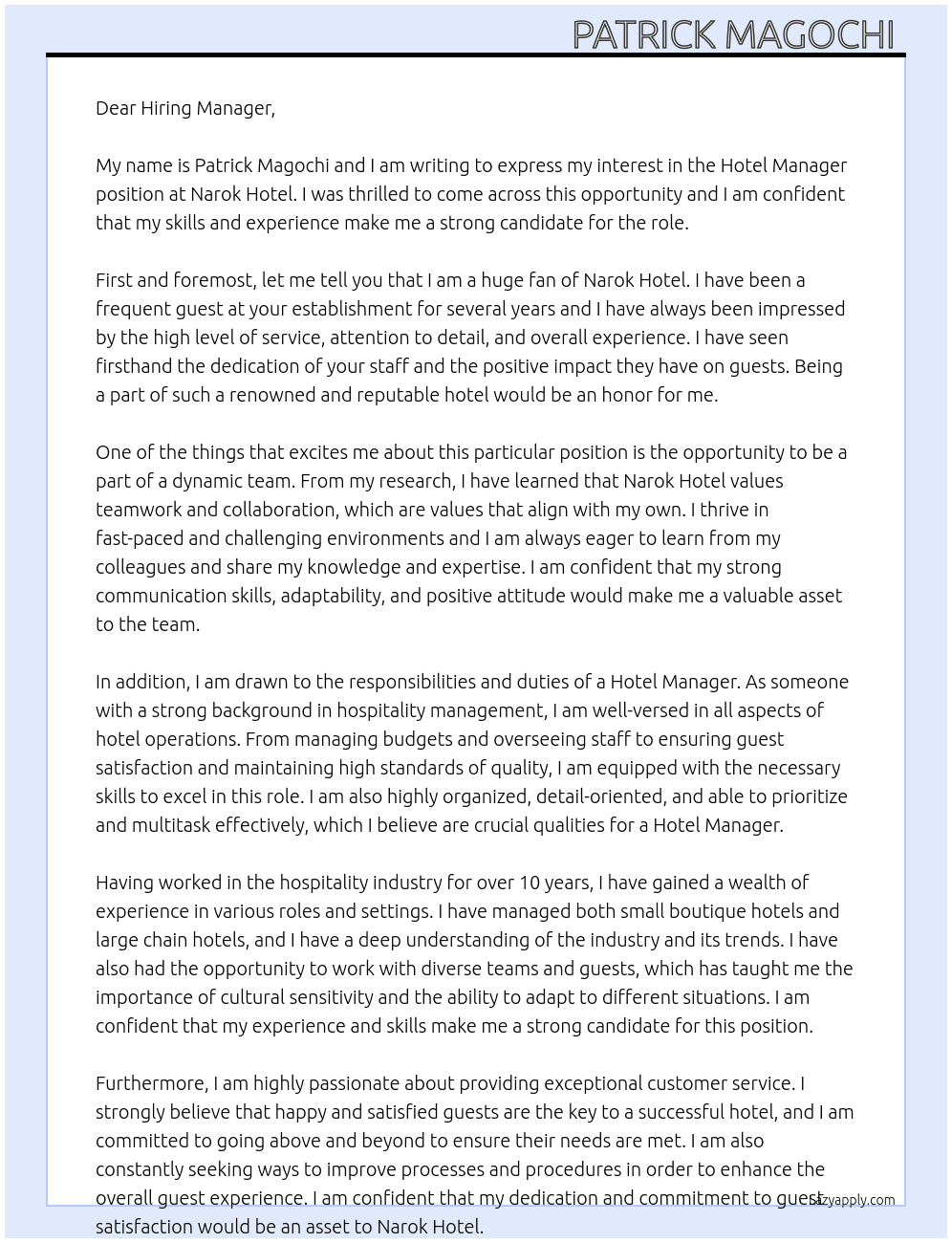 HOTEL MANAGER At NAROK  HOTEL Cover Letter