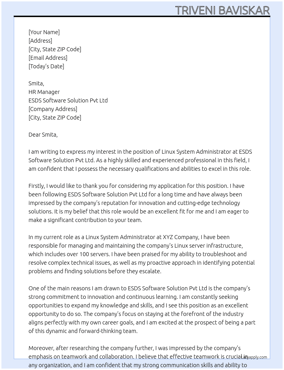 Linux System Administrator At ESDS Software Solution Pvt Ltd Cover Letter