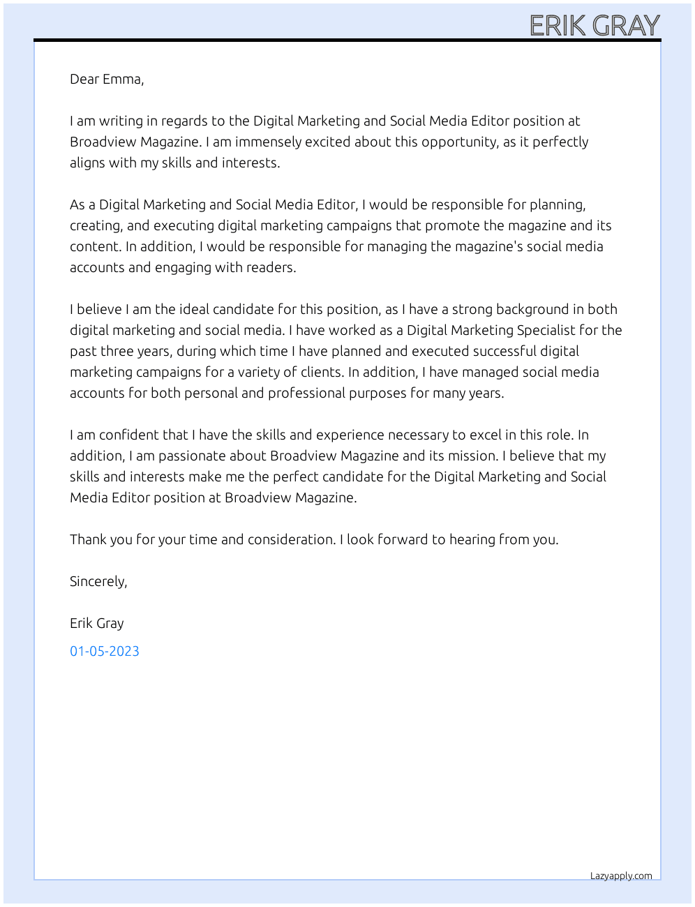 Digital Marketing and Social Media Editor At Broadview Magazine Cover Letter