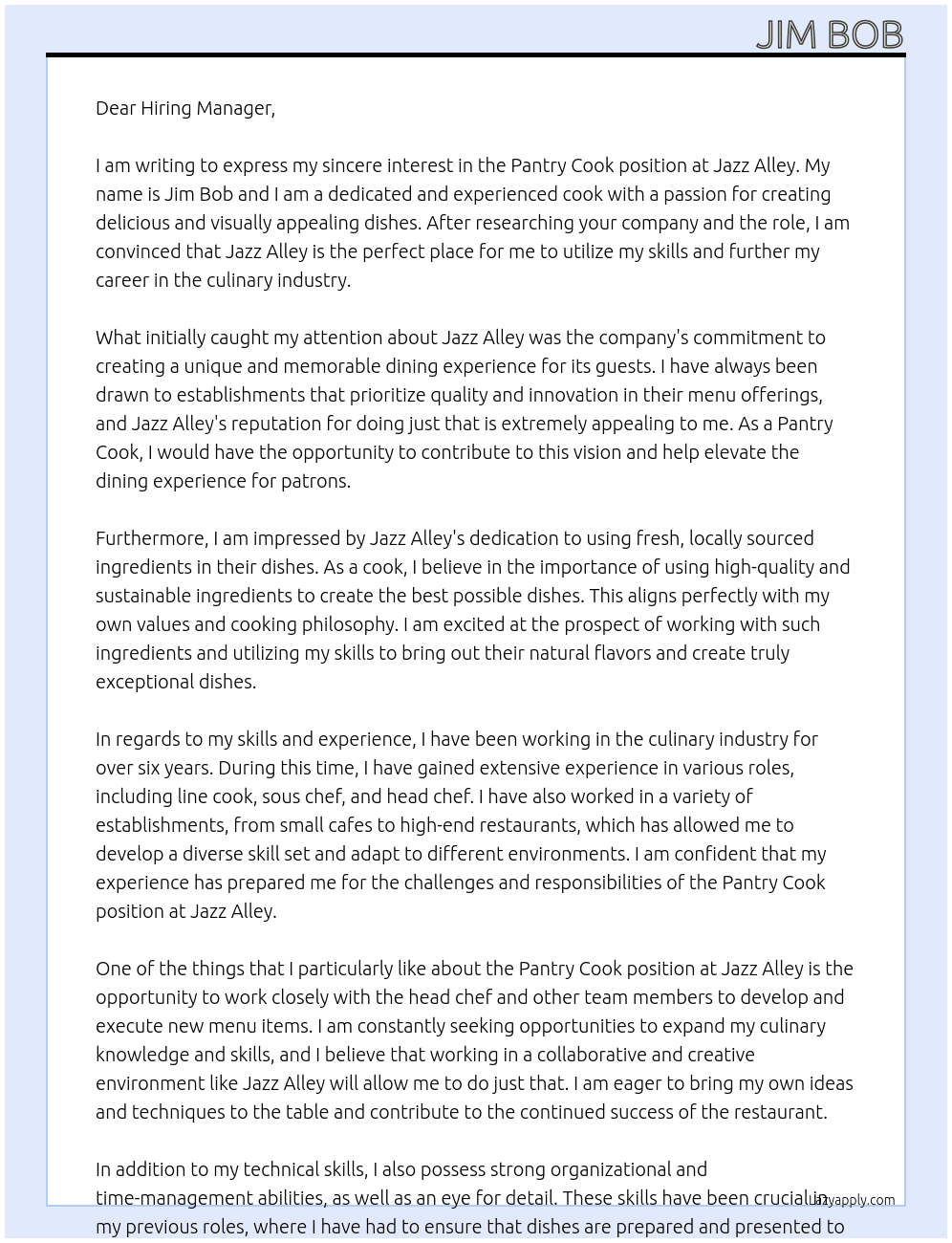 Pantry Cook At Jazz Alley Cover Letter