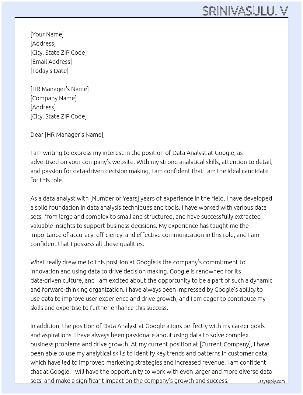 Data analysts At Google Cover Letter
